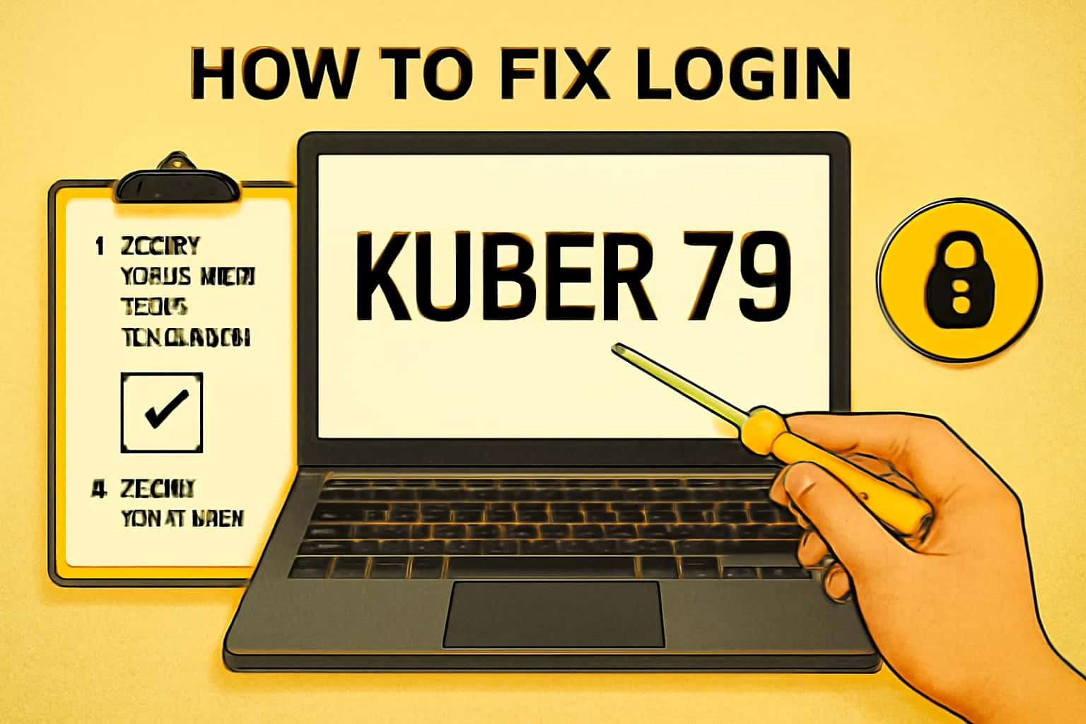 Informational scene illustrating solutions for Kuber 79 login issues.